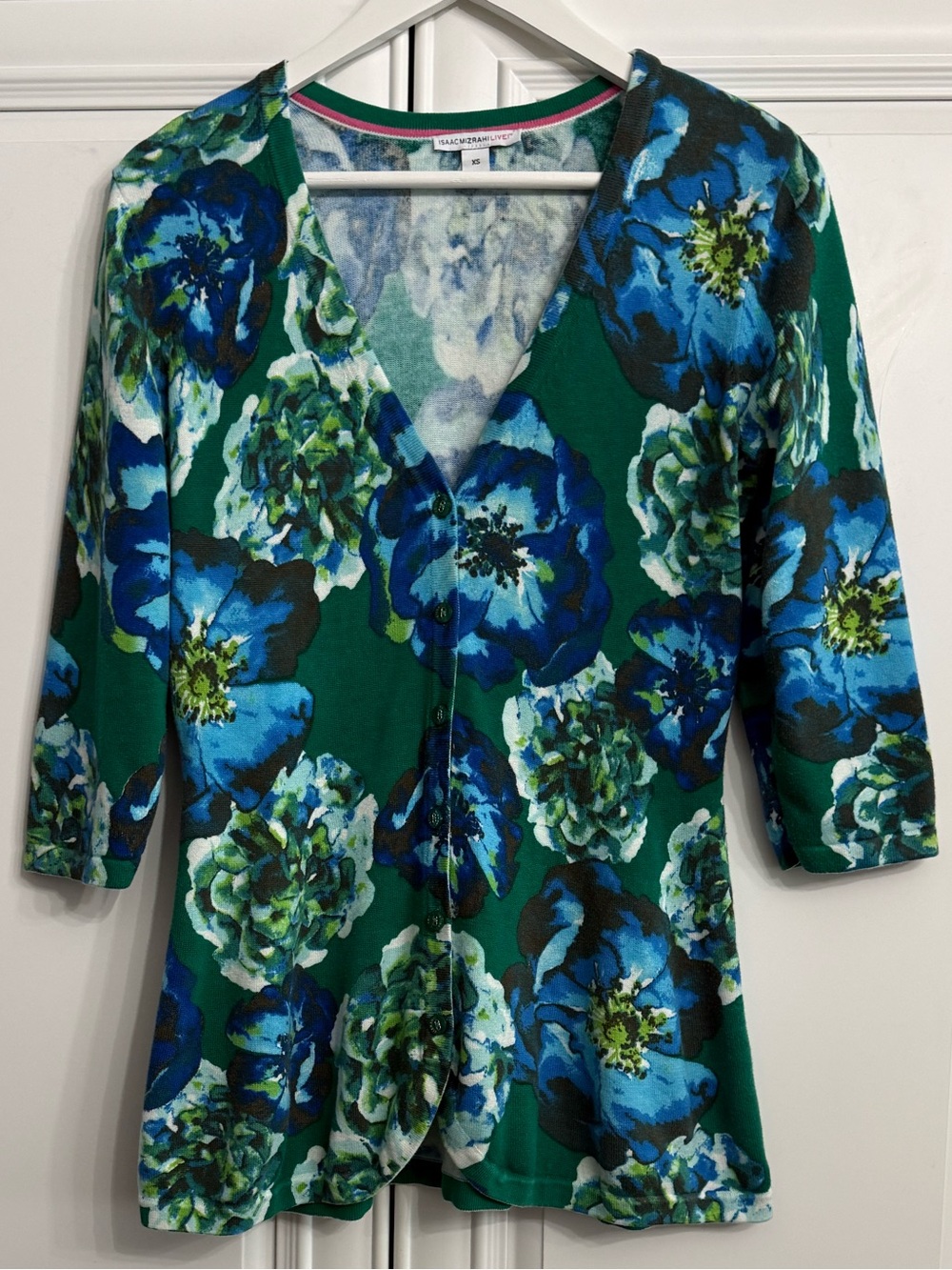 Isaac Mizrahi Live! Sz XS Printed V-Neck 3/4 Sleeve Cardigan Blue Green Florals